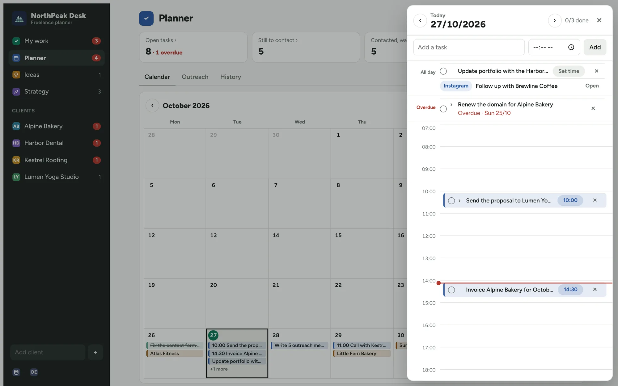 Month calendar with the day sheet open and tasks on the hour lines