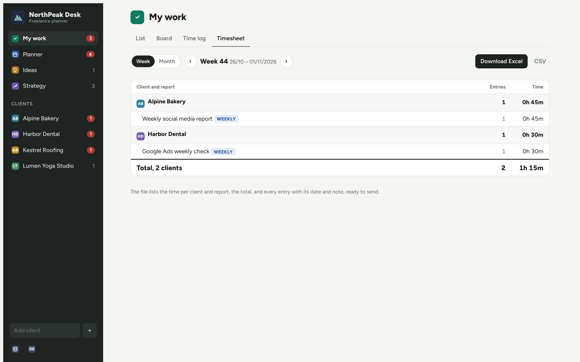 Timesheet for one week with time per client and report